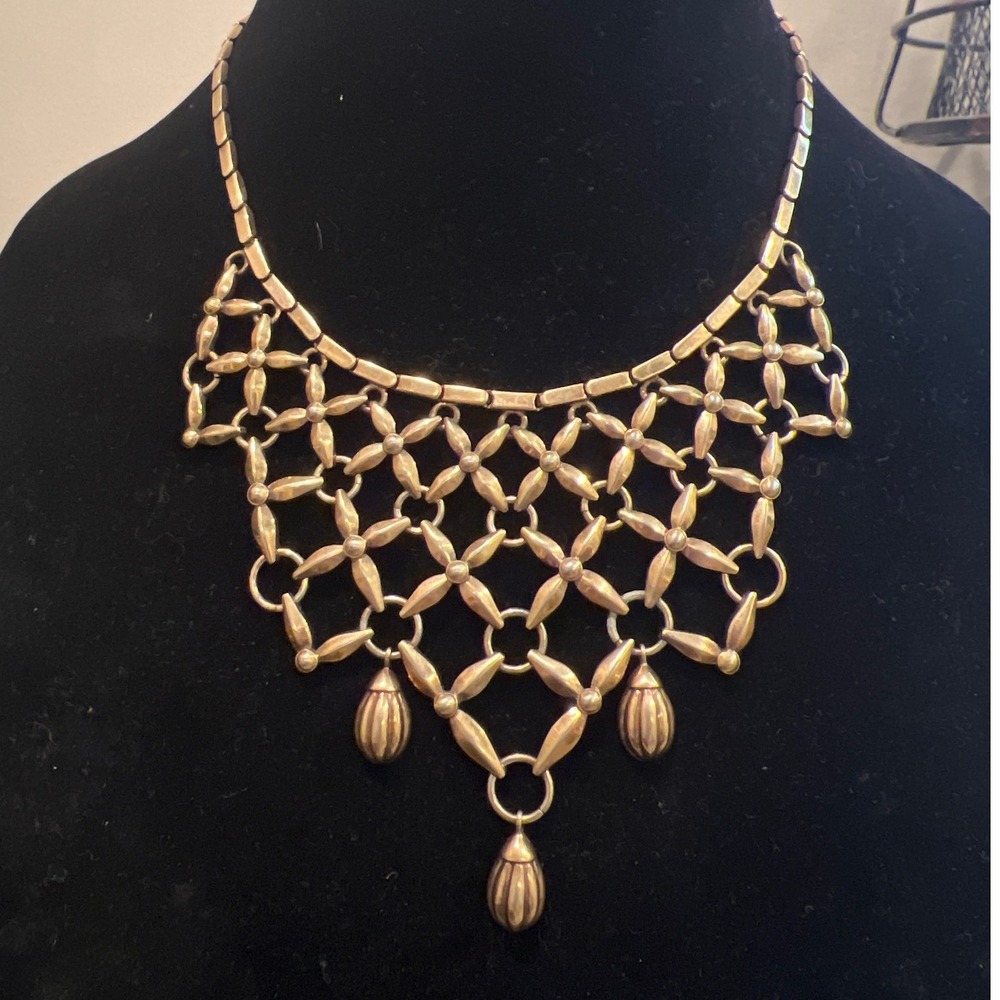 Vtg Gold Tone Lattice Bib Statement Necklace Ornate Boho Retro Teardrop Drip